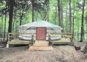 Traditional yurt in a humid Canadian forest with fabric cover, wooden platform, and decorative red door